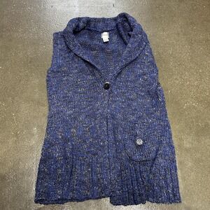 Chicos Sweater Vest Womens Size 2 Blue Shawl Collar Button Front Pocket Knit